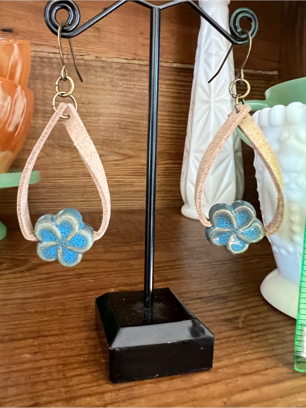 Vegan faux suede and ceramic flower earrings